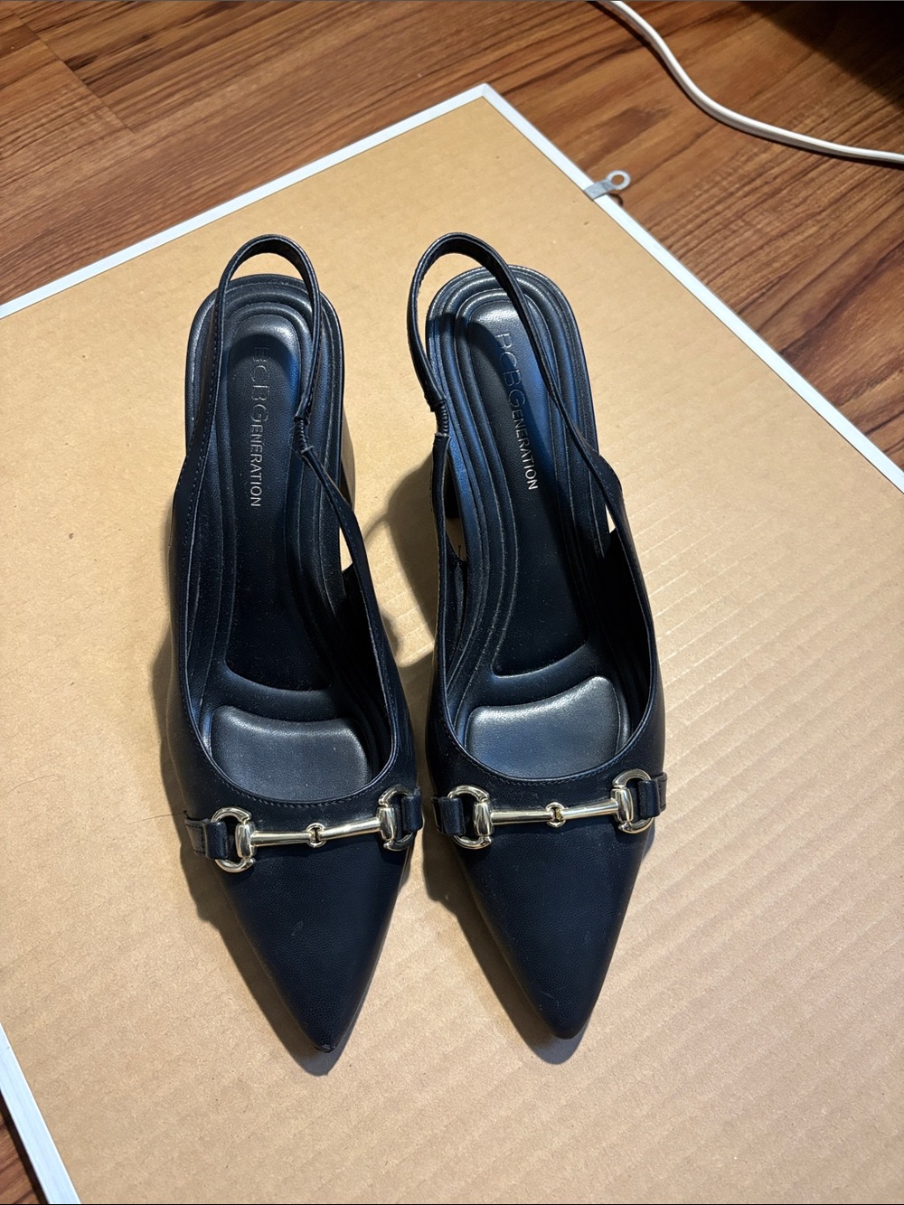 BCBGeneration Black Pointed Slingback Heels with Gold Bit